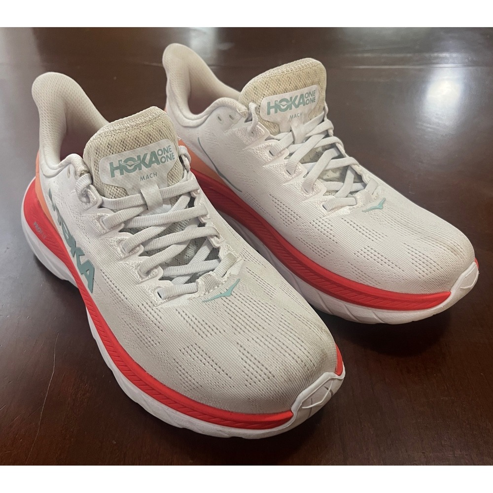 Hoka One One Mach 4 White Fiesta Scuba Blue Running Shoes Womens Size 9.5 B